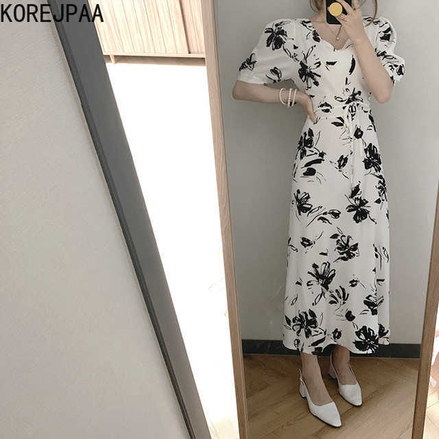 

Korejpaa Women Dress Summer Korean Chic Ladies Elegant Temperament V-Neck Ink Print Lace-Up Simming Puff Sleeved Vestidos 210526, White