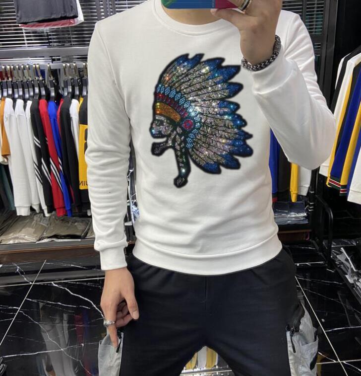 

2021 Men's Hoodie Top Autumn New Style Rhinestones O-neck Long Sleeves Pullover Sweatshirt Oc9f, As picture shown