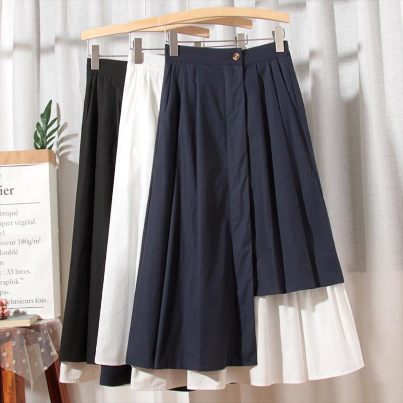 

irregular cotton spring office womens skirt slim work wear patchwork zipper pocket woman midi jupe femme, Black