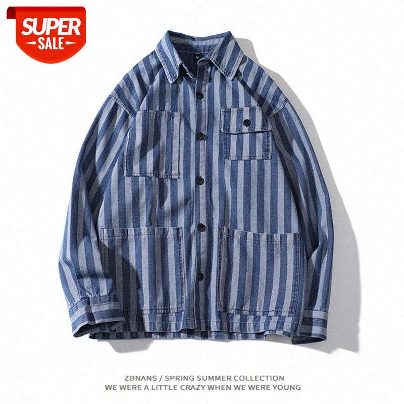 

Japanese retro loose striped long-sleeved shirt male Qing student casual denim jacket #968Y, White;black