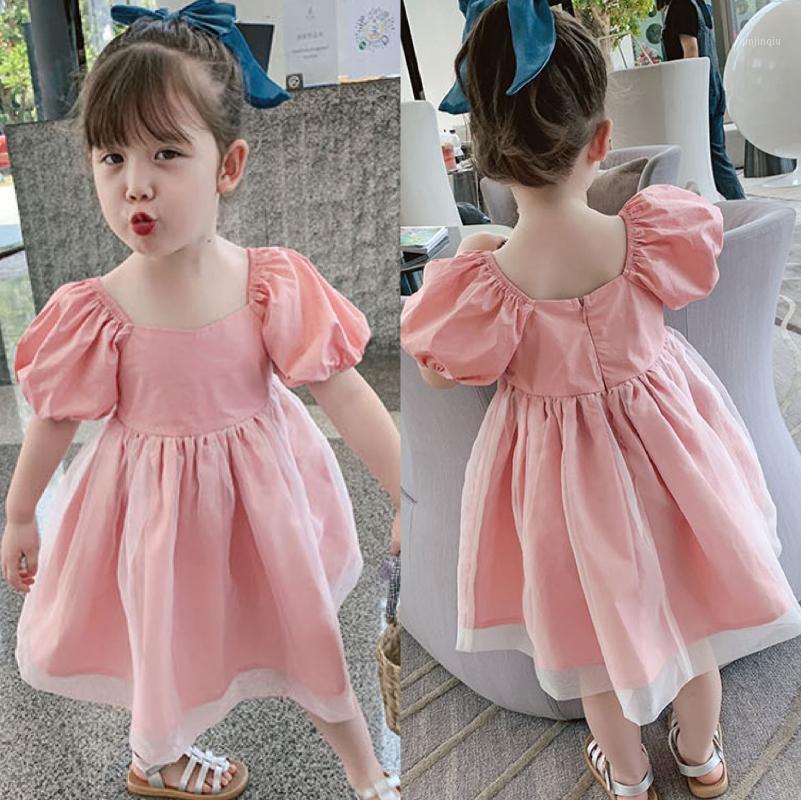

Toddler Baby Girl's Square Collar Dress Solid Color Mesh Patchwork Short Sleeve Outfits Casual High Waist One-piece Clothing Sets, White
