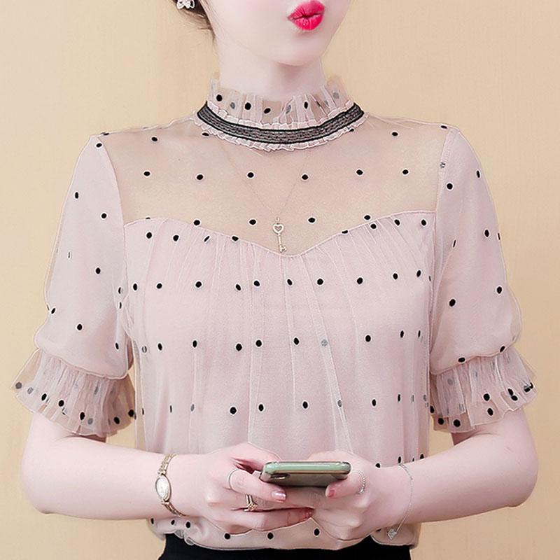 

Women' Blouses & Shirts Blusas Mujer De Moda 2021 Blouse Women Short Sleeve Summer Shirt Tops Stand Collar Dot Chiffon D41, Pink