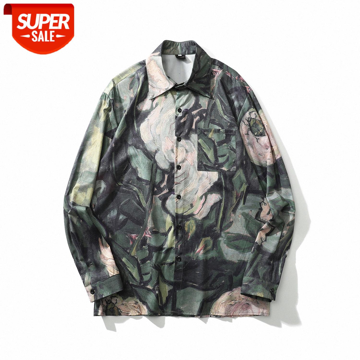 

Harajuku BF Wind Weiyi Green Flower Oil Painting Printed Shirt Drape Loose Long Sleeve Men #o23t, White;black