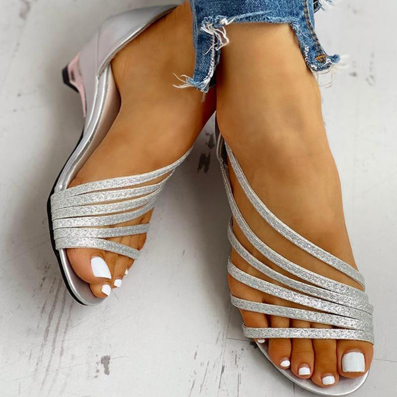 

WDHKUN 2021 New Wholesale Wedge Med Heel Sandals Leisure Bling Summer Slip on Gladiator Casual Women Shoes Woman, Silver