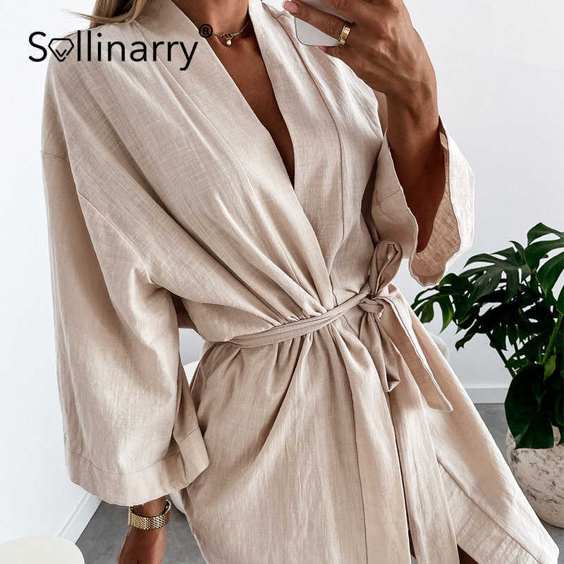 

Sollinarry Autumn Cotton Casual Lace Up Women Dresses V-neck Solid A-line Belt Dress Regular Full Sleeves Female Mini Dress 210709, Black