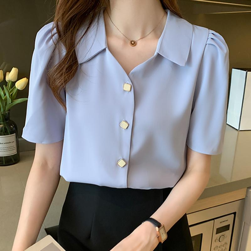 

Women' Blouses & Shirts LJSXLS Blusas Mujer 2021 Korean Chiffon Women Button Short Sleeve Female Tops White Summer Woman Clothes, Blue