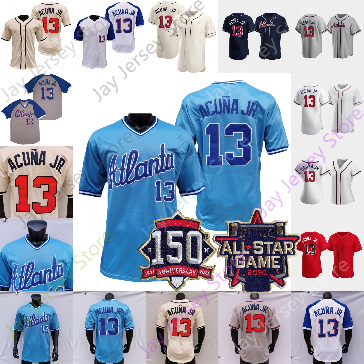 

Ronald Acuna Acuña Jr Jersey Vintage 150th 2021 ASG Patch Baby Blue White Pullover Women Red Navy Cream Player Fans Black Size S-3XL, Black golden