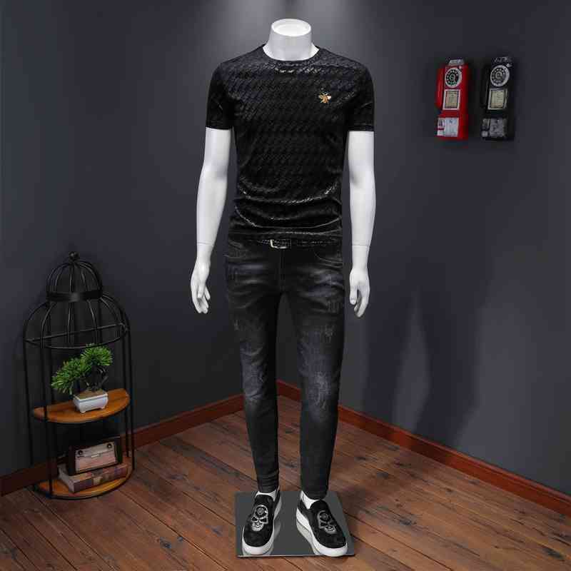 

Men' T-Shirts short-sleeved men' fashion casual embossed t-shirt brand trend Korean version of the wild compassionate Slim EDXZ, Black
