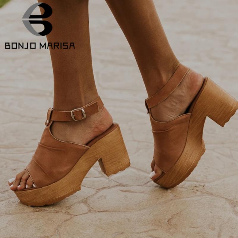 

Dress Shoes BONJOMARISA INS Vintage Retro Open Toe Platform Chunky Summer Women Sandals Block Heel Gadiator Peep Casual, Black
