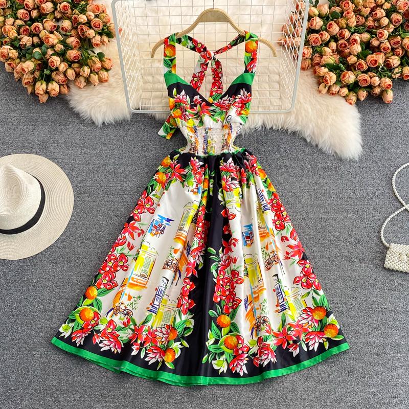 

Casual Dresses Banulin Halter Backless Women Sexy V-Neck Beach Dress 2021 Summer Runway Floral Print High Elastic Waist Party Vestidos N7398, Green point halter