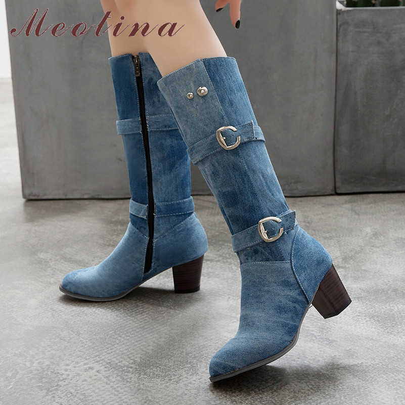 

Meotina Winter Knee High Boots Women Denim Buckle Thick High Heel Long Boots Zipper Round Toe Shoes Lady Autumn Plus Size 34-46 210608, Dark blue