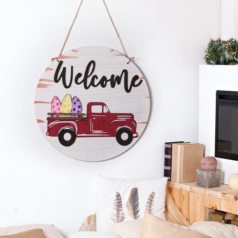 

Novelty Items Interchangeable Seasonal Red Truck Welcome Door Sign Wooden Round Hanger Wreaths Signs For Farmhouse Home Decor