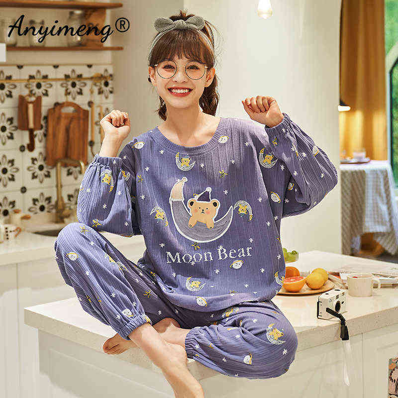 

Pajamas for Young Women Autumn Winter Cotton Lounge Wear Long Sleeved Pullover Cartoon Printing Teen Girls 211106, As shown