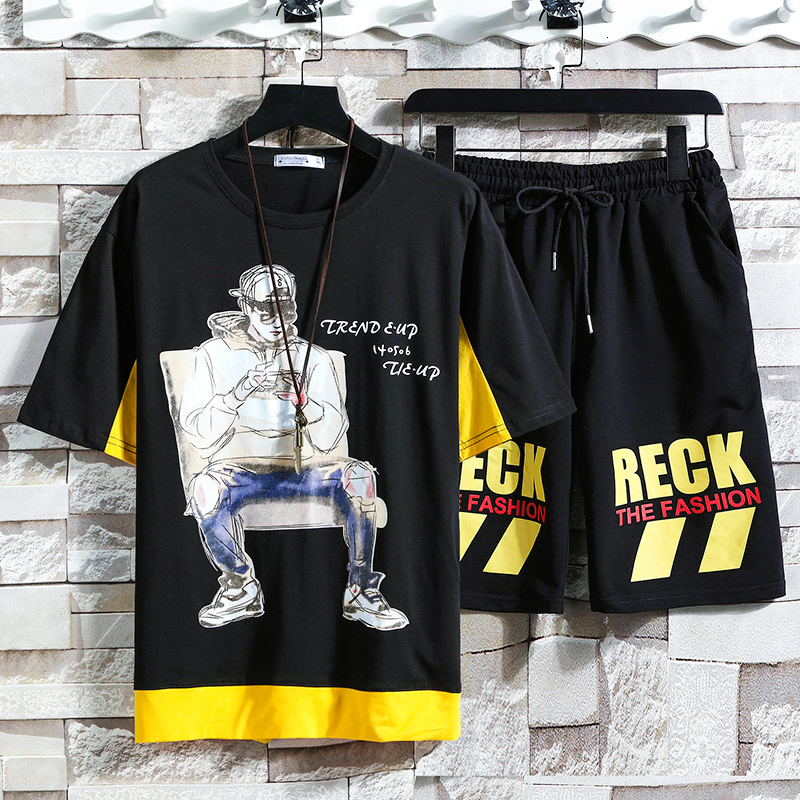 

2021 Men Sets Summer New Tracksuit Casual Printed T-shirts+shorts Fashion Two Pieces Men's Sportswears Loose Set Clothing Male 2ukm, Black