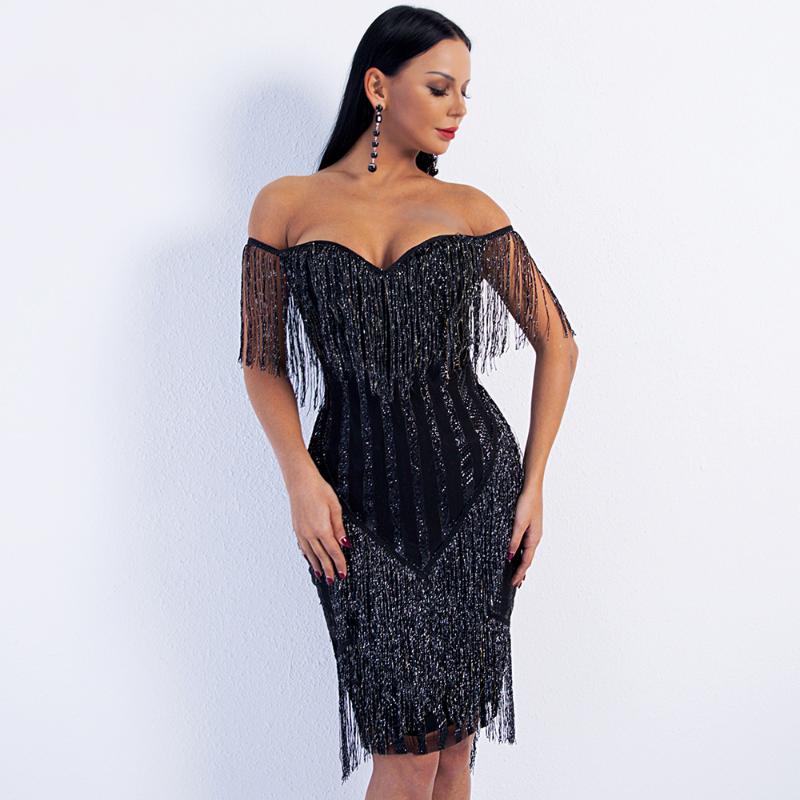 Casual Dresses Sexy Off Shoulder Striped Glitter Tassel Dress Summer Slash Neck Sleeveless Party Women Evening Elegant Fringe