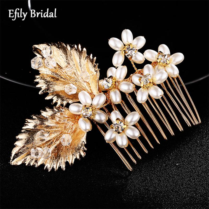 

Hair Clips & Barrettes Efily Gold Leaf Flower Comb Pearl Fashion Crystal Rhinestone Jewelry Bride Wedding Accessories Women Bridesmaid Gift, Golden;silver