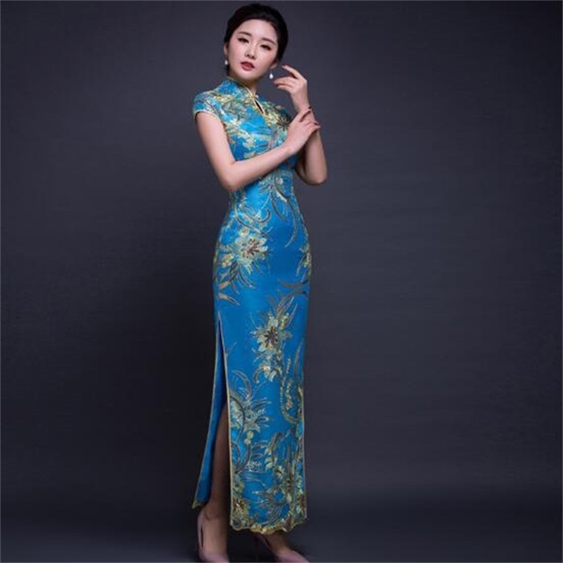 

Blue Elegant Embroidery Sequins Trim Cheongsam Women Exquisite Classic Qipao Sexy Slim Long Chinese Dress Xs-5xl Kt0q, Light blue