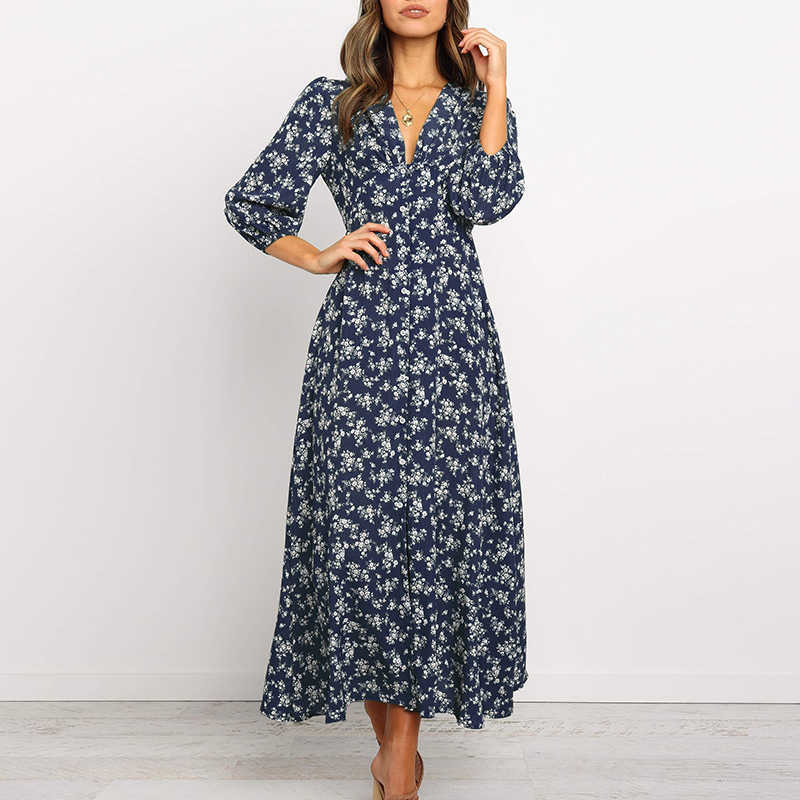 

Floral Print Vintage V Neck Long Sleeve Single Breasted Chiffon High Waist Dress Women Casual Boho Loose Streetwear Long Dresses 210608, Navy blue