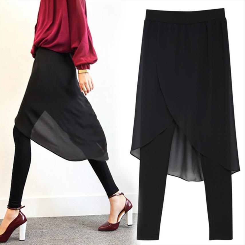 

plus size 6xlfake two pieces women legging chiffon skirt pants summer high waist leggings casual pant pantalon femme, Black
