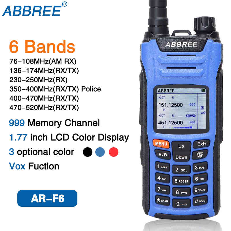 

ABBREE AR-F6 Walkie Talkie six 6 Bands police band LCD Color Display Dual Standby 999CH VOX DTMF SOS Ham Radio