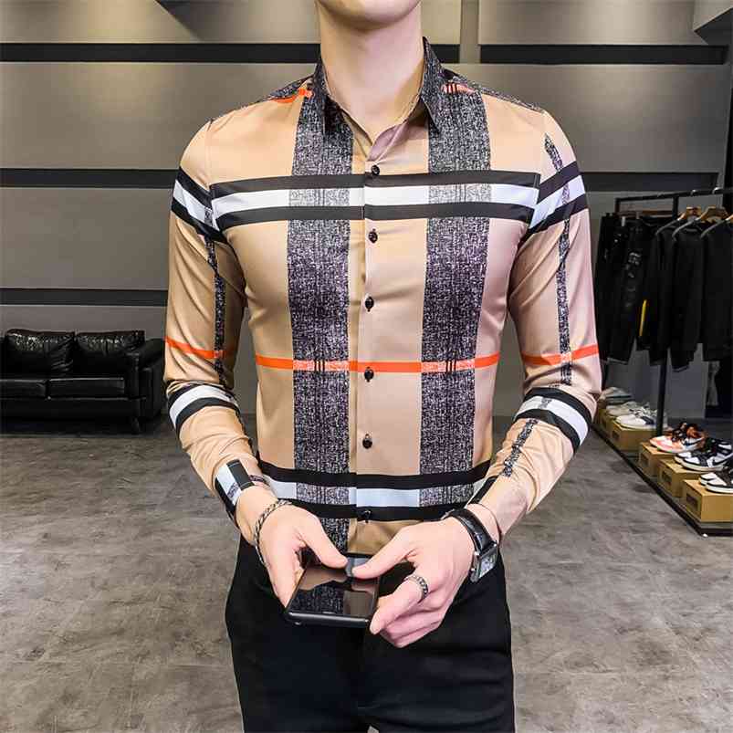 

6XL Men's Vintage Print Long Sleeve Shirt Fashion Hawaiian Slim Fit Striped Shirts Casual Nightclub Plaid Shirts Men 210708, 2325-1