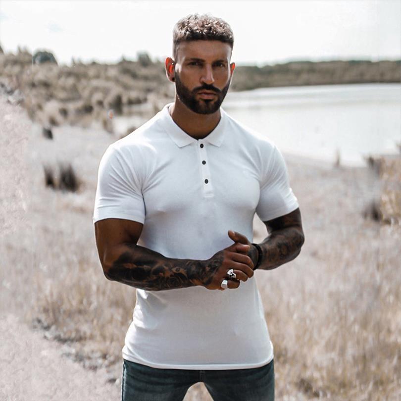 

summer fashion solid short sleeve men polos shirts slim turn collar male gym bodybuilding fitness shirt plus size, White;black