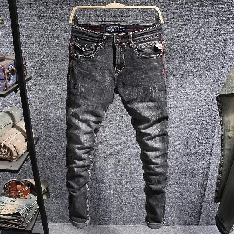 

2021 New Italian Style Fashion Elastic Slim Fit Black Gray Ripped Men Vintage Designer Pants Streetwear Hip Hop Jeans O9p8