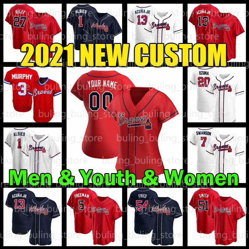 

Mens Youth Women kids Braves 13 Ronald Acuna Jr Ender Inciarte 10 Chipper Jones Atlanta 20 Marcell Ozuna Dale Murphy Ozzie Albies Jersey, Blue;black