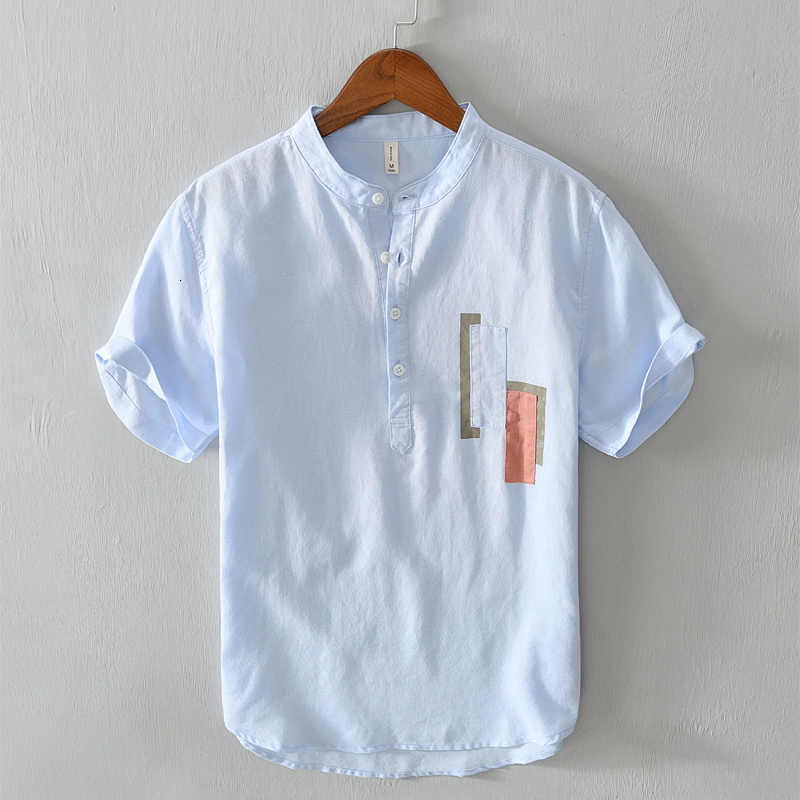 

2021 New Stand Collar Cotton and Linen Short-sleeved Sky Blue Fashion Brand Shirts for Men Casual Comfortable Shirt Mens 5da6, White
