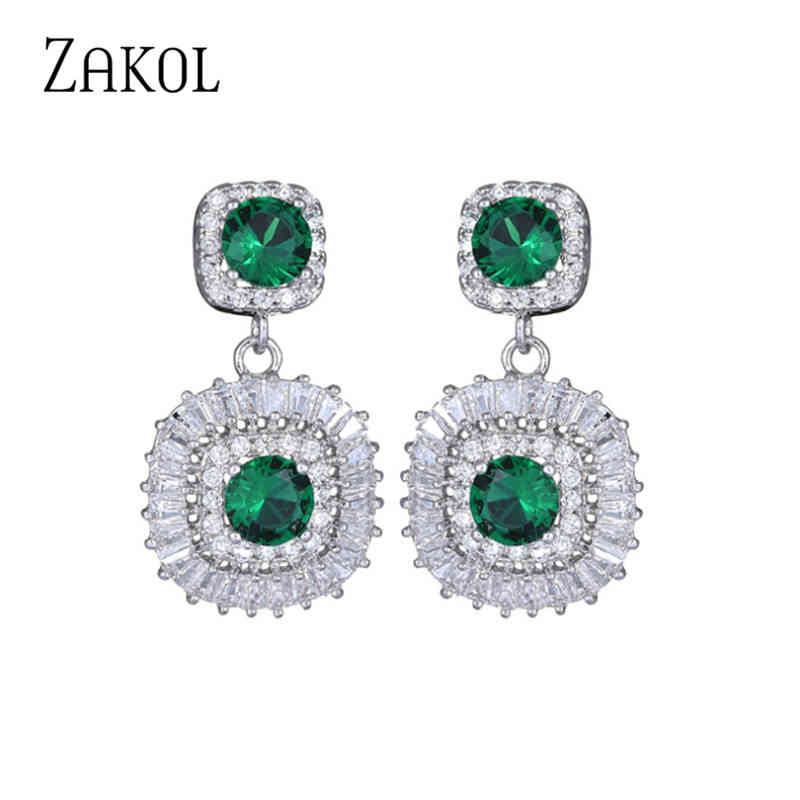 

ZAKOL New Gorgeous Green Square Cubic Zirconia Drop Earrings for Women Luxury Wedding Party Banquet Jewelry Gifts DE22