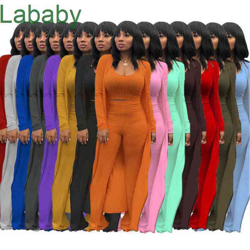 

Women Tracksuits 3 Piece Set Designer Outfits Slim Sexy Knited Solid Color High Elasticity Crop Top Wide Leg Pants S-XXL 14 Colours, Pink