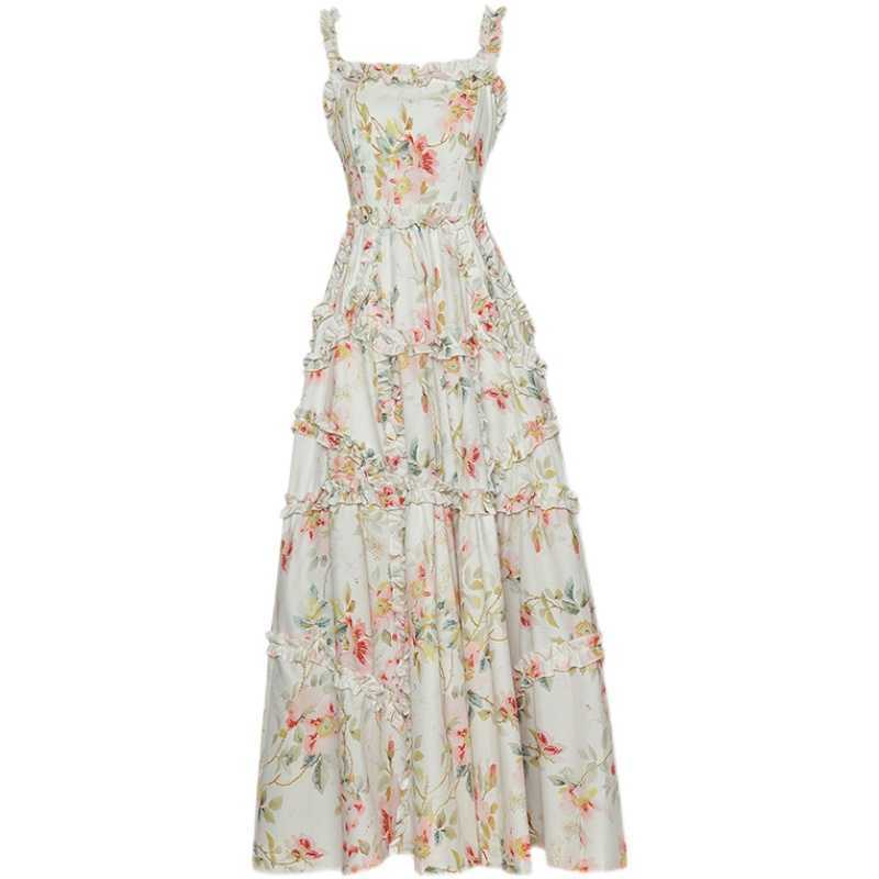 

HIGH QUALITY est Designer Runway Fashion Spaghetti Strap Flroal Print Ruffles Long Dress 210526, Mixed color