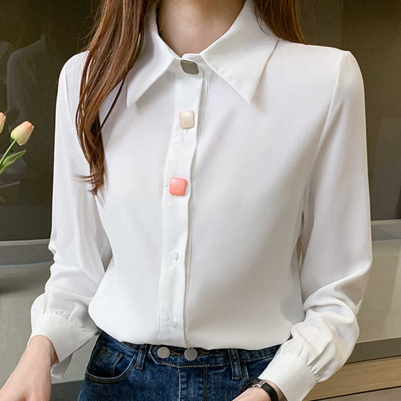 

Blouse Women Long Sleeve White Blouse Turn Down Collar Chiffon Blouse Shirt Tops Blusas Mujer De Moda Women Clothing D950 210602, Apricot