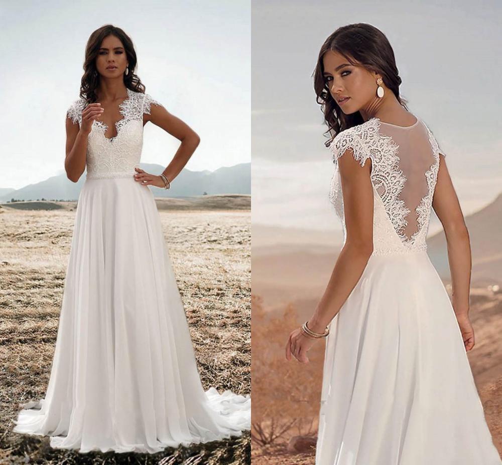 

2021 New Summer Boho Chiffon Long v Neck Appliques Lace Vintage Illusion Back Wedding Gowns Bride Qvh9, Ivory
