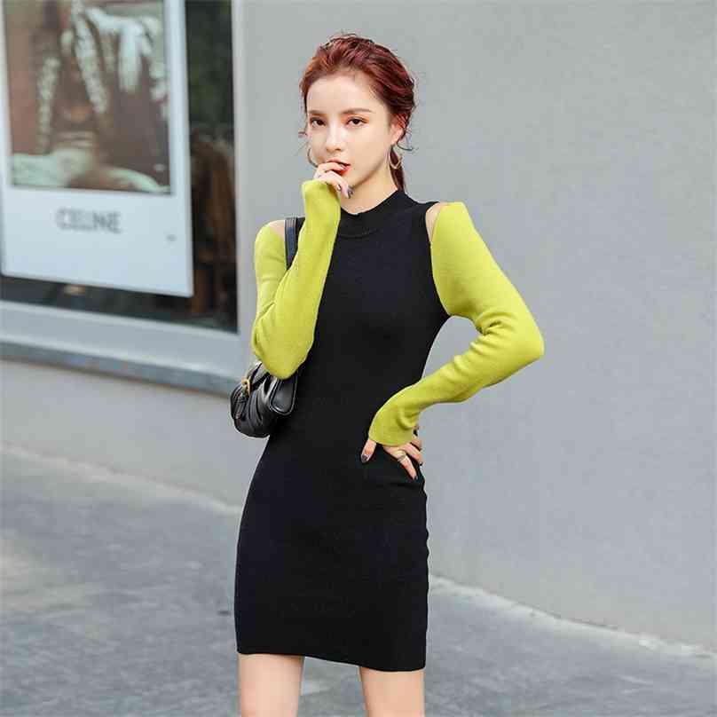 

Sweater Off shoulder Knit Dress Korea Ladies Long Sleeve crew neck harajuku cute Dresses for women clothing 210602, Black