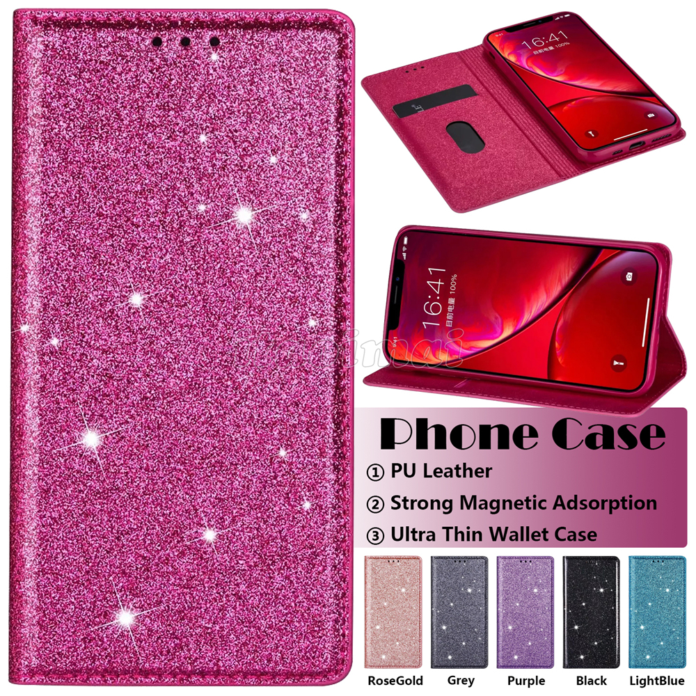 

Magnetic Phone Cases for iPhone 13 12 Mini 11 Pro XR XS Max Samsung Galaxy Note20 S21 S20 Ultra Note10 S10 Plus Glitter Bling PU Leather Ultra-thin Wallet Flip Stand Cover, Rose gold