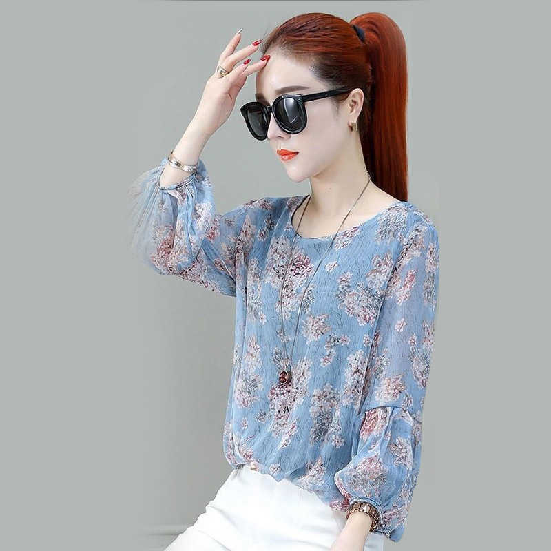 

Fashion Women's Spring Summer Chiffon Blouse Casual Short Sleeve O-neck Print Shirts Elegant Tops DF3428 210609, Blue
