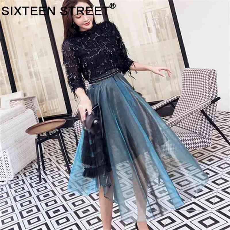 

woman bling tops and blue skirt two piece sets spring street wear mesh black tassel sequin for female 210603, The picture color