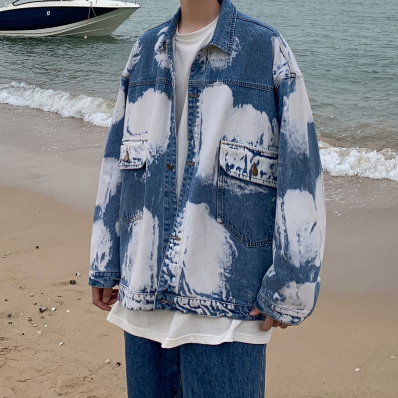

2021 New Cotton Tie-dye Men's Fashion Casual Retro Denim Jackets Mens Streetwear Korean Loose Hip-hop Bomber Jacket Men Gemg, Blue