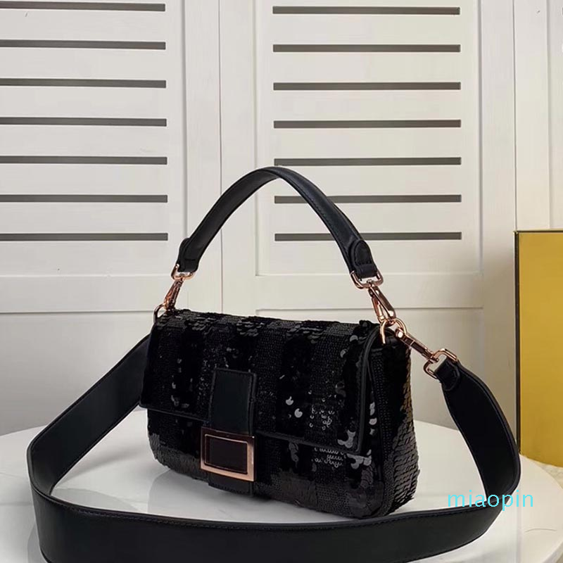 

High Quality Crssbody Flip Handbag Fashion Underarm Bag Black Leather Shoulder Bag Lady Sequins Wallet Medium Party