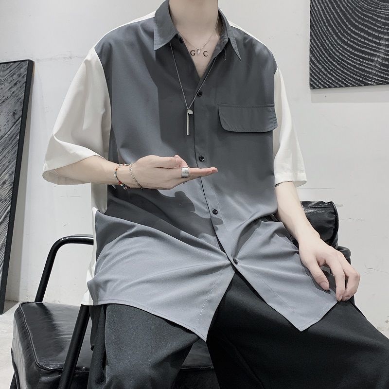 

2021 New Summer Men's Loose Hawaiian Student Short Sleeve Shirt Camisa Masculina Streetwear French Cuff Mens Fashion Shirts Otsw, White and grey