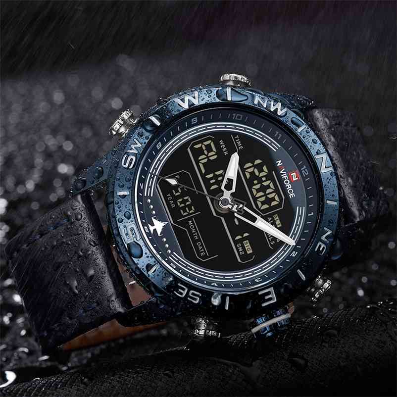 

NAVIFORCE Mens LED Analog Digital Watch Men Military waterproof Leather Sport Quartz watch Men's casual clock Relogio Masculino 210608, Blue