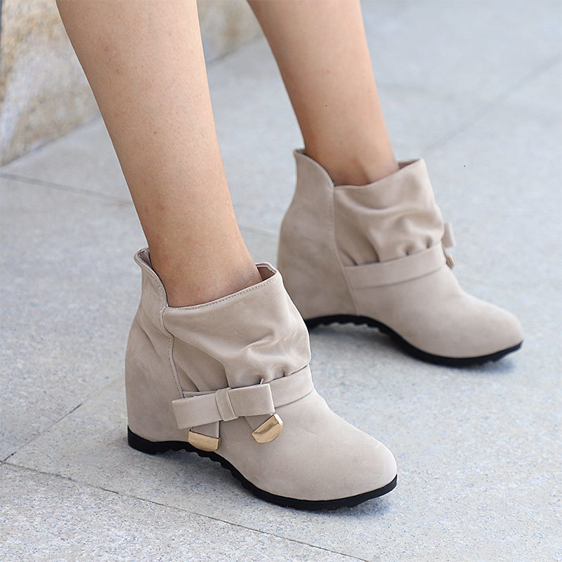 

2021 New Tino Kino Women Suede Height Increasing Ankle Butterfly-knot Slip on Casual Autumn Winter Shoes Ladies Flock Boots 8xkd 4KZD, Beige
