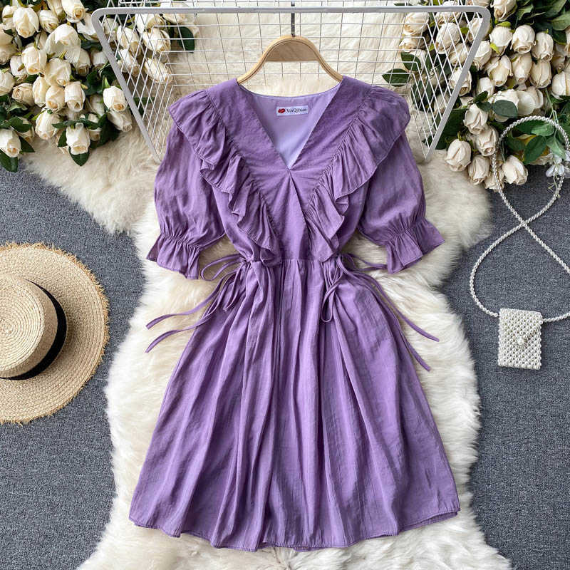

Sweet V-Neck Ruffle High Waist Mini Dress Women Elegant Yellow/White/Purple Drawstring Puff Sleeve Vestidos Summer 2021 Fashion Y0603