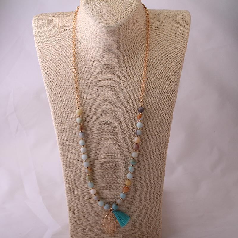 

Pendant Necklaces Fashion Amazonite Stones Beads Chain Blue Tassel And Palm Necklace Handmade Natural Stone, Silver