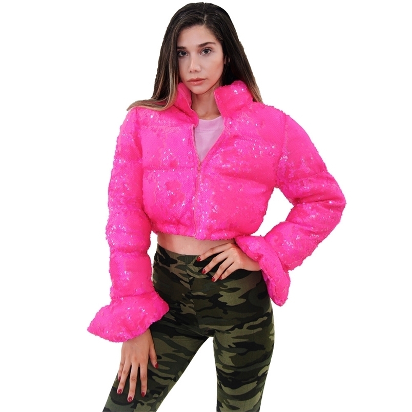 

Cropped Puffer Jacket Pink Sequin Bell Sleeve Parka Bubble Coat Winter Fall Women XL XXL 210910