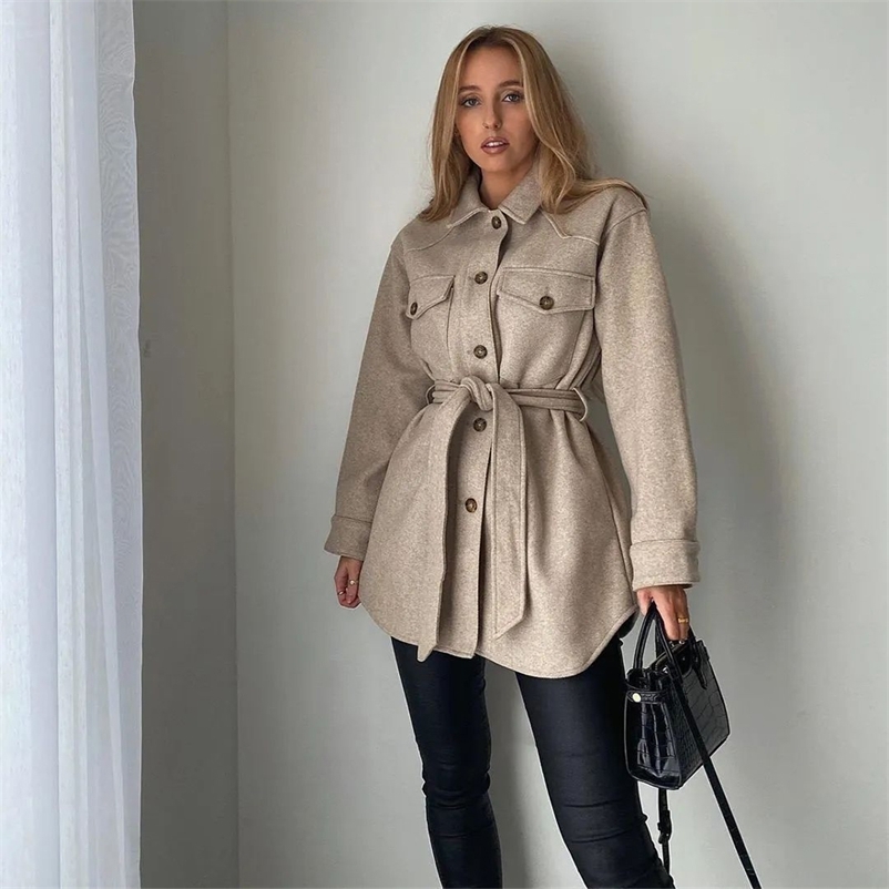 

Fall Winter Women Jacket Long Sleeves Belted Warm Thicken Casual Fashion High Street Za Women Coat Outfits Tops 210722, Khaki