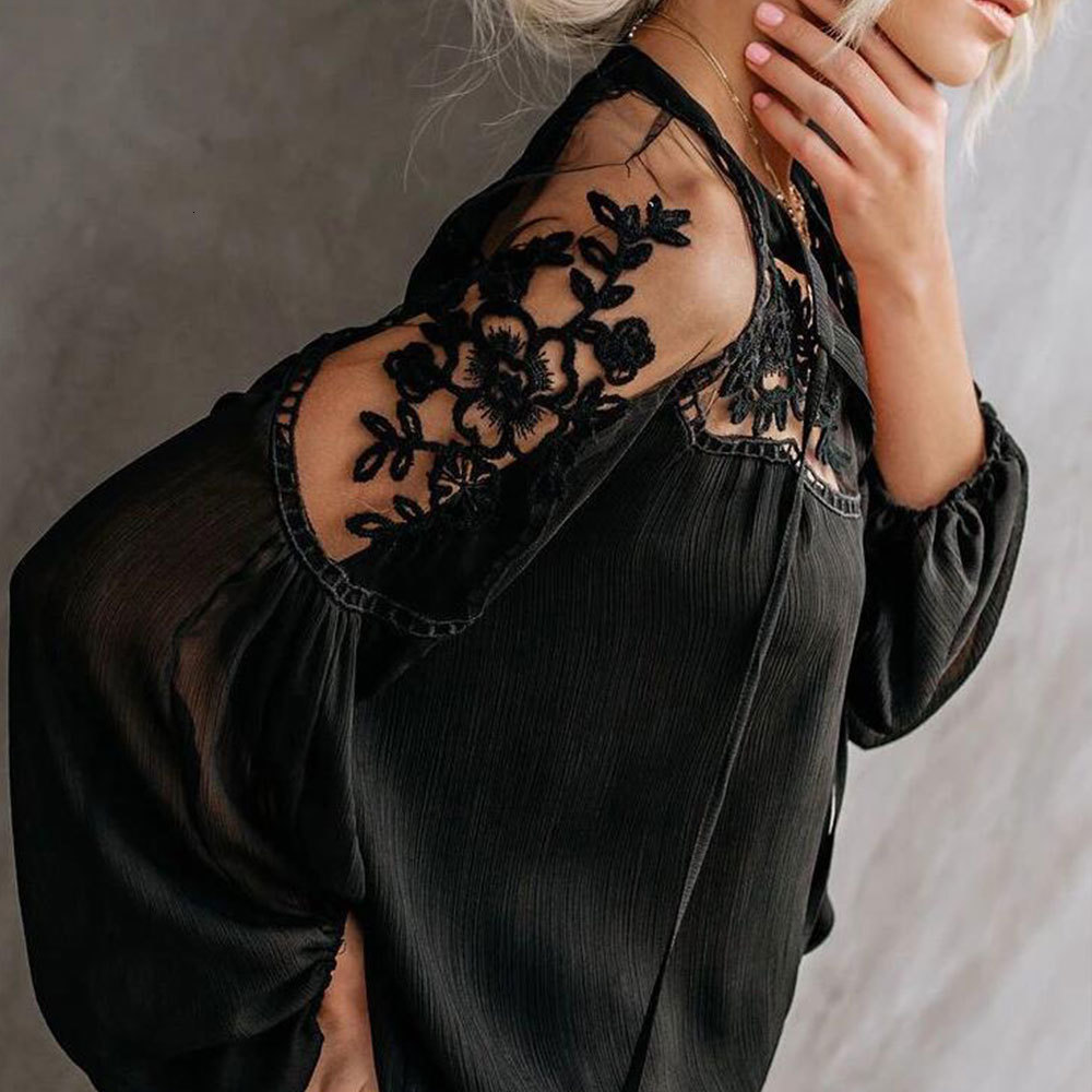 

2021 New Women Elegant Embroidery Lace Mesh Sexy Lantern Sleeve Hollow Out Loose Chiffon Blouse Casual Shirt Tops Ppg9, White