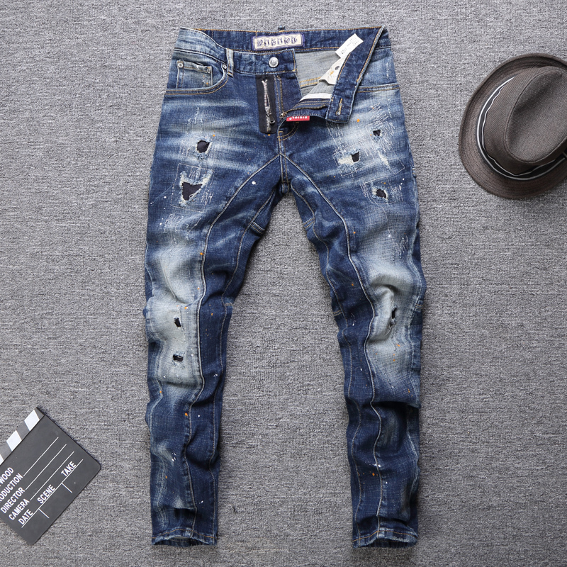 

2021 New Fashion Streetwear Men High Quality Slim Fit Retro Blue Elastic Ripped Spliced Designer Biker Pants Hip Hop Jeans 7p3w