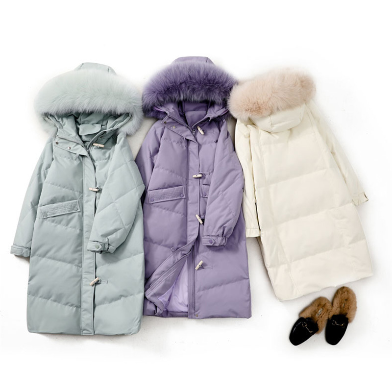 

2021 New Winter Large Fox Fur Women Long Parka 90% White Duck Down Coat Horn Button Zipper Snow Warm Hooded Jackets Outwear X5g0, Black